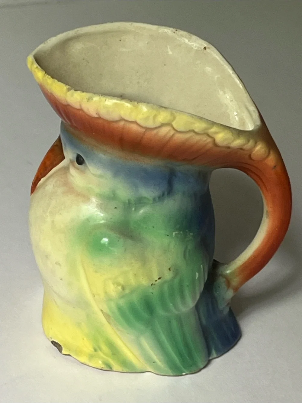 Vintage art, deco, chuckle, Slovakian pottery, parrot bird cream, pitcher